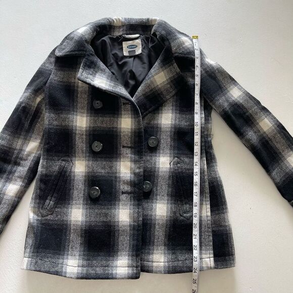 Old Navy black cream plaid winter pea coat double breasted xs small - Picture 9 of 10